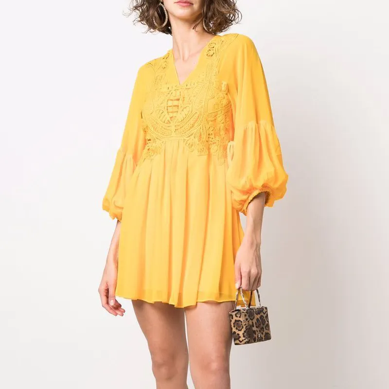 Custom Women Clothing Embroidery Lace V Neck Puff Sleeve A Line Chiffon Mini Casual Dresses Women Loose Elegant Summer Dress