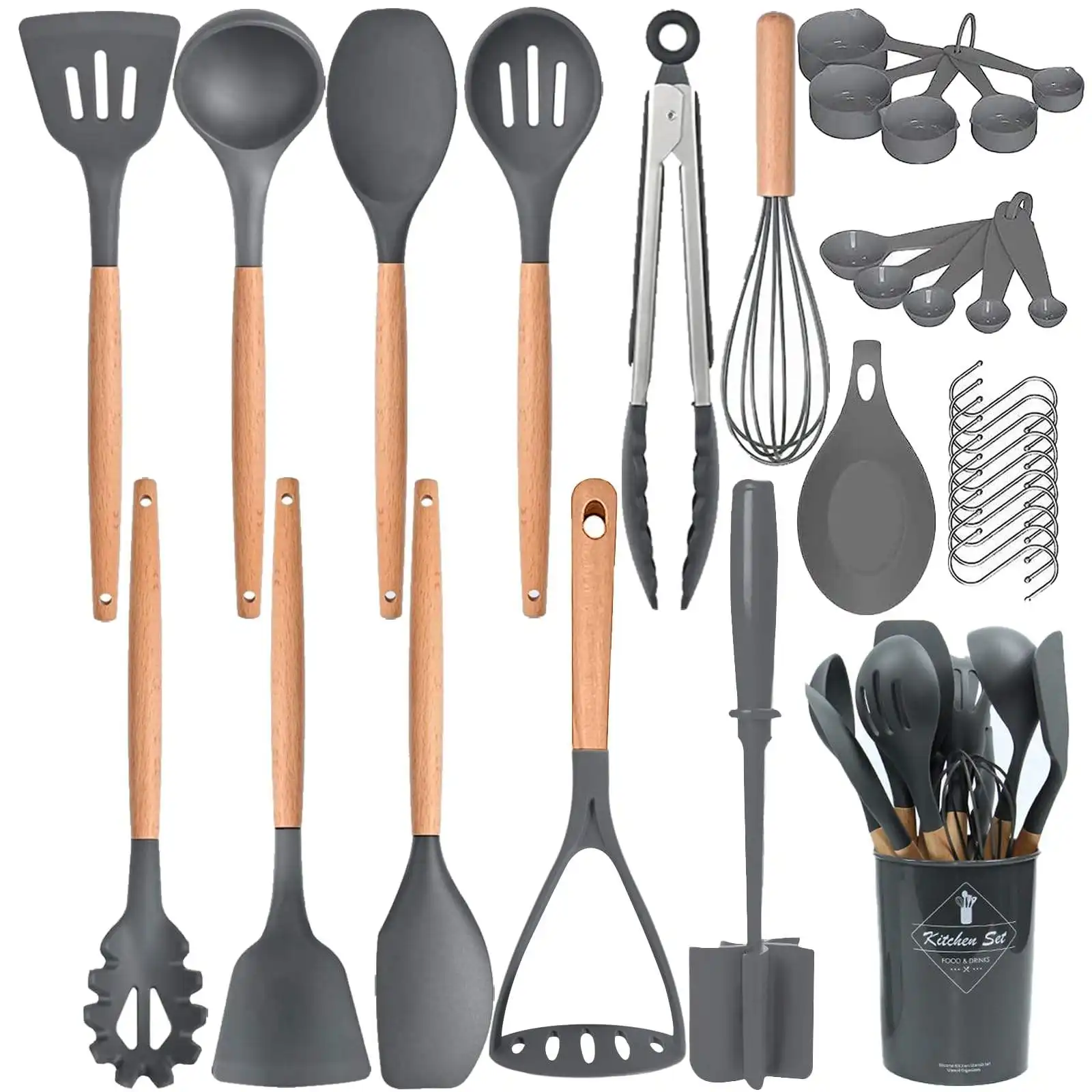 Lujo ecológico 11 piezas hornear niño utensilios de cocina de silicona cuchara de madera y tenedor palillo utensilios de cocina para la cocina