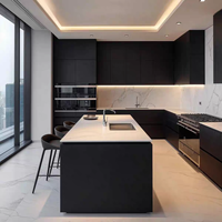 Cuisine moderne de luxe, armoires en bois massif et contreplaqué, design noir avec îlot, solution clé en main pour toute la maison