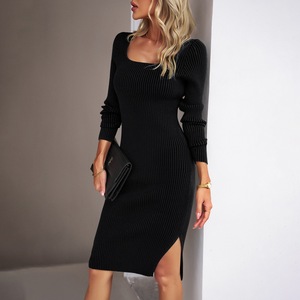 Abito Midi Casual Sexy da Donna Primavera Autunno, Maniche Lunghe, Lavorato a Maglia, <span class=keywords><strong>Spacco</strong></span>, Collo Quadrato, Stile Francese, Tinta Unita, Naturale - Product Image 6