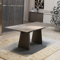 Table à manger pliable 6 places, design moderne et luxueux, pieds en métal, plateau en céramique, verre trempé.