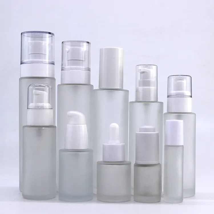Respetuoso del medio ambiente vacío botella de spray de vidrio esmerilado para el cuidado de la piel 30ml cosmético 100ml de vidrio de la bomba de la botella de la loción de cuidado de la piel de embalaje