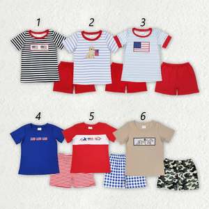 Ensemble 4th of July pour garçons, T-<span class=keywords><strong>shirt</strong></span> rayé avec broderie de chiot patriotique et short rouge/à carreaux, tenue d'été 2 pièces pour garçons - Product Image 1