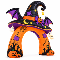 Arche gonflable d'Halloween avec chapeau de sorcière, ailes de chauve-souris, citrouilles et fantômes, pour la décoration extérieure de jardin, pelouse et maison hantée