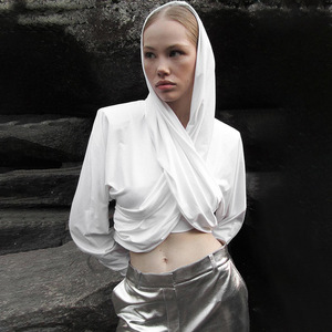 New Fasonable Slim Fit Tsrt Long Sleeved <b>Cross</b> Tie Ooded Crop <b>Top</b> Wit Digital Printing Casual Style - Product Image 6