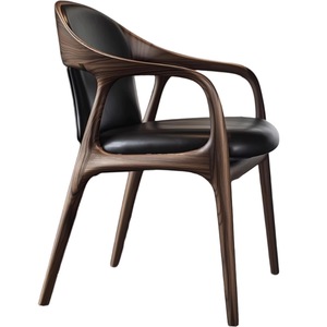 北欧ミニマリスト木製アームチェア ミニマリストホーム ソリッドウォールナットウッド レザーバックチェア - Product Image 5