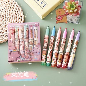 Set di 6 Evidenziatori Fluorescenti Carini a Forma di Capibara, Colori Pastello, Punta Obliqua a Pennello, Macaron, per Disegno e Cancelleria - Product Image 2