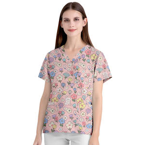 T-shirt d'uniforme d'infirmière imprimé dessin animé, <span class=keywords><strong>blouse</strong></span> chirurgicale, uniforme de soignant, col en V, manches courtes, en pur coton tissu Dobby - Product Image 2