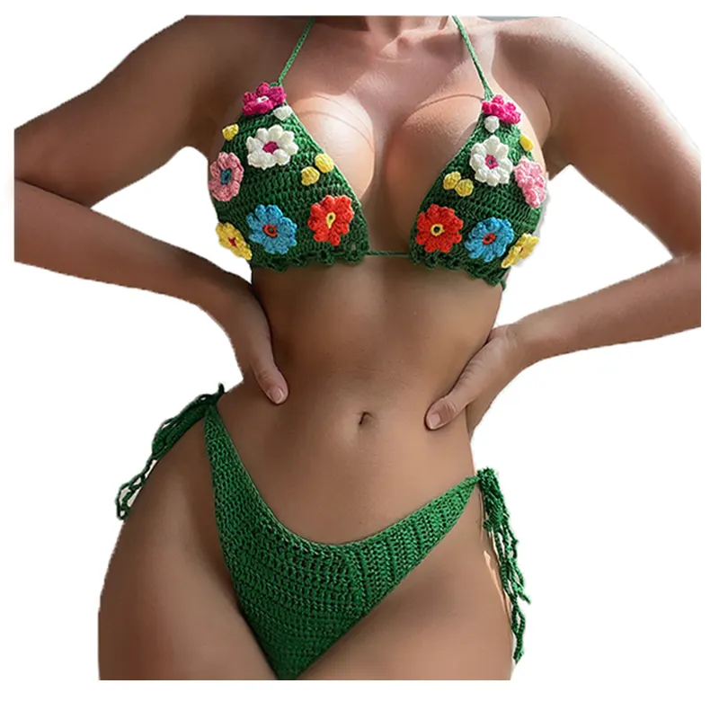 Fashion Three-Dimensional Hand Hook Flower Knitted Swimsuit Sexy Lace-up Beach Bikini Knitted Swimsuit Set
