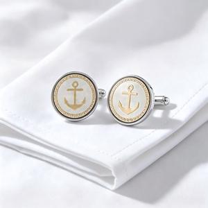 Gemelli da Uomo con Ancora Nautica, Motivo <span class=keywords><strong>Meander</strong></span>, Placcati Oro, Rotondi, Regalo per Testimoni di Nozze - Vendita all'Ingrosso - Product Image 3