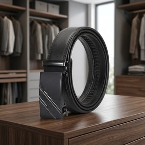 Ceinture automatique en cuir véritable pour homme, boucle rectangulaire en cuir de vachette noir uni, style formel, durable, moulage monobloc - Product Image 2