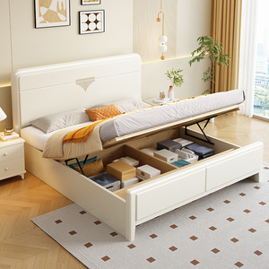 Bắc Âu hiện đại màu trắng kem 1.8m giường đôi với bọc Kinh Tế 1.5M Lưu trữ giường gỗ rắn phòng ngủ chính giường lên - Product Image 6