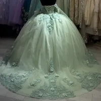 Luxe vert sauge robes De Quinceanera fleurs brillantes dentelle fête d'anniversaire bal robe De bal Vestidos De 15 Anos Corset