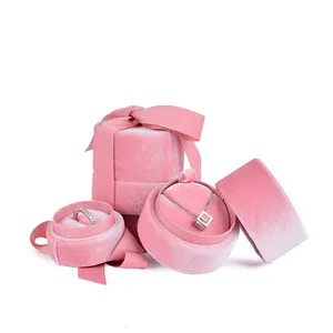 Wholesale pink jewelry packaging round box velvet ring box jewellery necklace gift box with ribbon