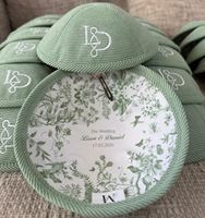 Groothandel olijfgroene corduroy bruidskippah met aangepaste borduring, gepersonaliseerde binnenprint, Joodse yarmulke, Judaica schedelkap