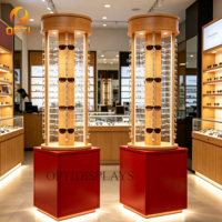 Présentoir vertical autoportant en bois pour lunettes de soleil avec enseigne LED pour magasin d'optique et aménagement de vente au détail