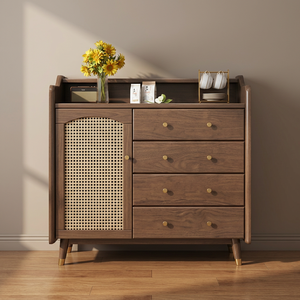 Armoire de rangement en bois de style mid-century modern avec 4 tiroirs et porte en rotin, meuble de salon - Product Image 3