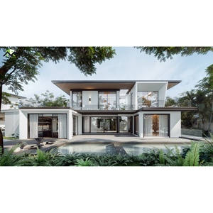 Villa en bois moderne avec de grandes fenêtres vitrées et une zone de piscine extérieure pour un espace de vie contemporain - Product Image 3