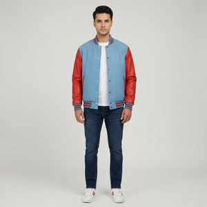 FINER THREADS Customizable Printed Genuine <b>Leather</b> Men's Varsity Jacket Stand Collar Breathable Knitted Fabric Winter Ready - Product Image 1