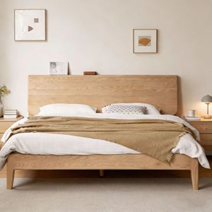 Cama de Madera Maciza de Roble, Plataforma Doble, Cabecera Alta, Color Natural, Muebles de Dormitorio, Estructura Resistente - Product Image 1