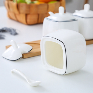 Ensemble de pots à épices en céramique blanche, avec couvercle et cuillère, rond et carré, personnalisé, pour assaisonnement, sel et sucre, cuisine - Product Image 6