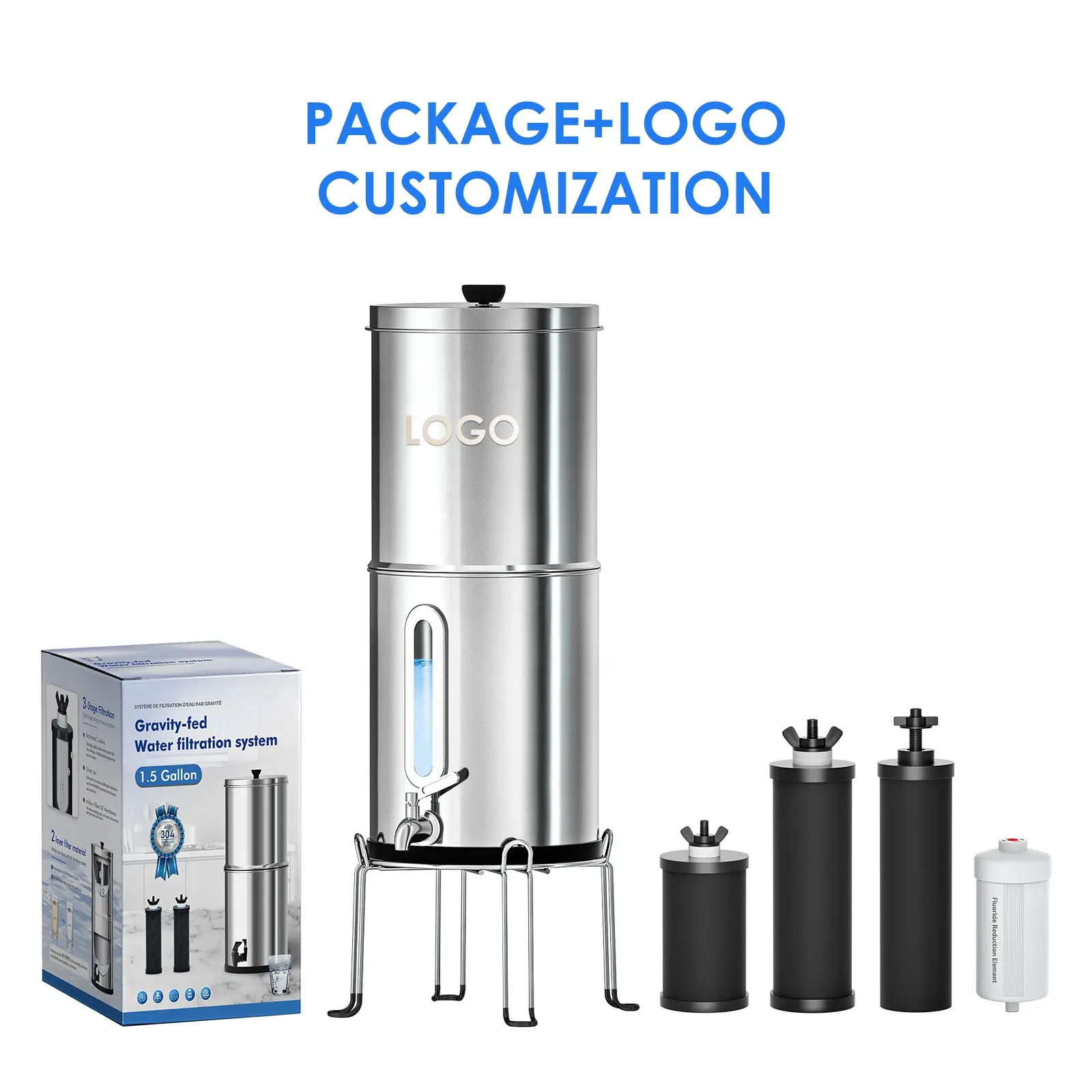 304 Stainless Steel Water Filter Gravity Fed Water Filter System Remove Fluoride Chlorine Bacteria Gravity Water Filter System