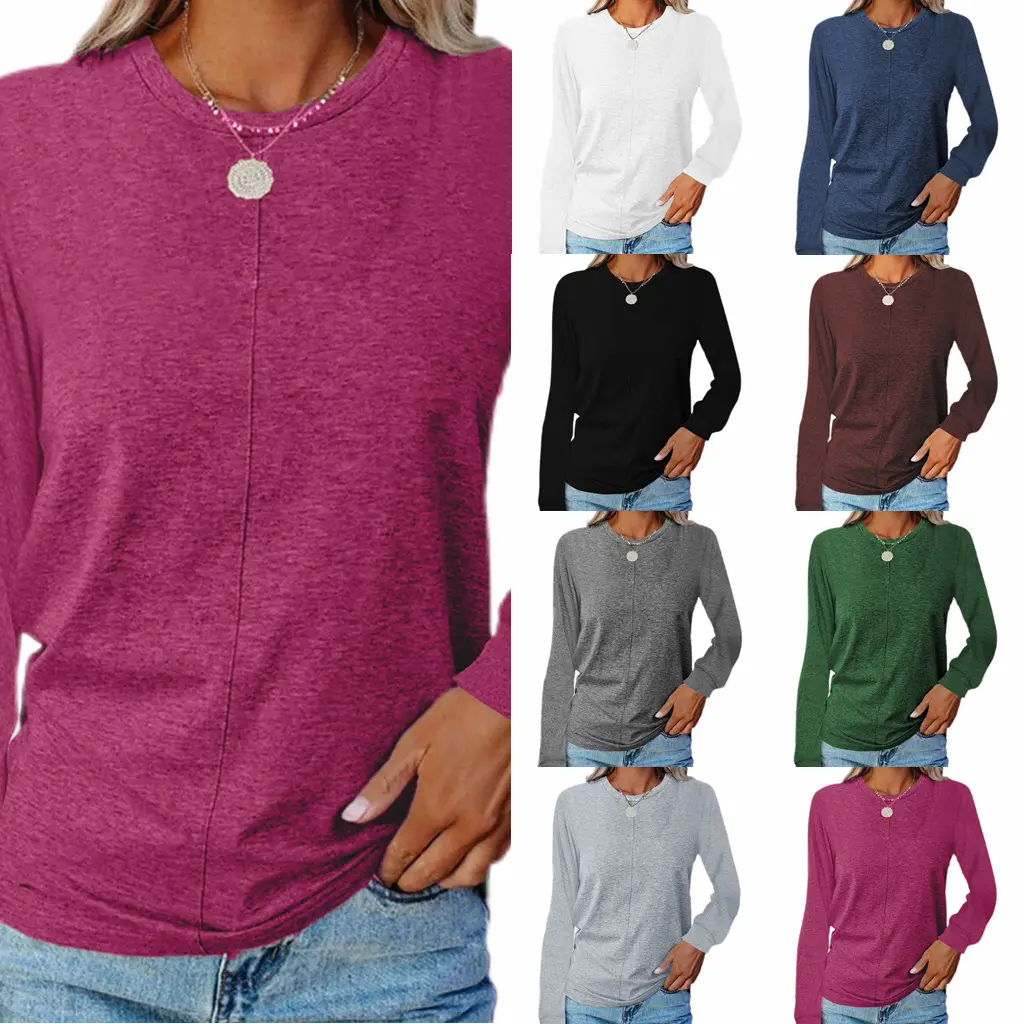 Camiseta de manga larga de cuello redondo para mujer, suéter de color sólido, otoño e invierno, S-2XL, novedad de 10% de descuento