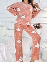 Pyjama décontracté pour femmes à motif de lapin de dessin animé, en flanelle douce, en velours corail, à manches longues, tenue confortable et chaude pour l'hiver