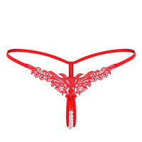 Lingerie sexy pour femme avec grandes perles, broderie, string à entrejambe ouvert, taille basse, nœud, perles, pour adultes