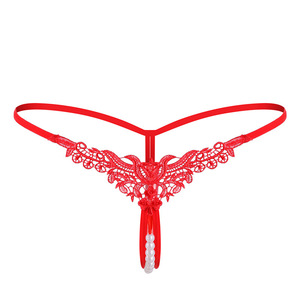 Lencería sexy de perlas grandes para mujer, tanga bordada con abertura en la entrepierna, tanga de tiro bajo con lazo, perlas y detalles para adultos. - Product Image 4