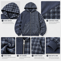 Sweat à capuche zippé pour homme, style streetwear, patchwork à carreaux, color block, coupe oversize, avec logo personnalisé