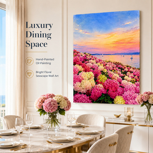 <span class=keywords><strong>Peinture</strong></span> à l'huile de bateau à voile au lever du soleil sur le lac, fleurs roses, côte, montagnes, nuages lumineux, reflets, toile peinte à la main - Product Image 4