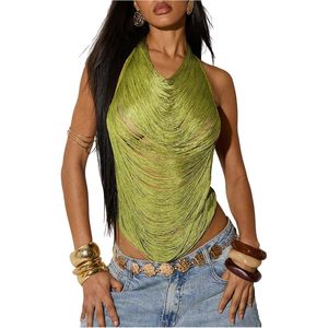 Chemisier moulant sexy pour femme, col licou, sans manches, à franges métalliques, transparent, découpé, style clubbing - Product Image 1