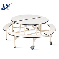 Juego de Mesa de Comedor Escolar de Madera Moderna, Plegable, con Bancos Redondos Móviles para Uso Comercial