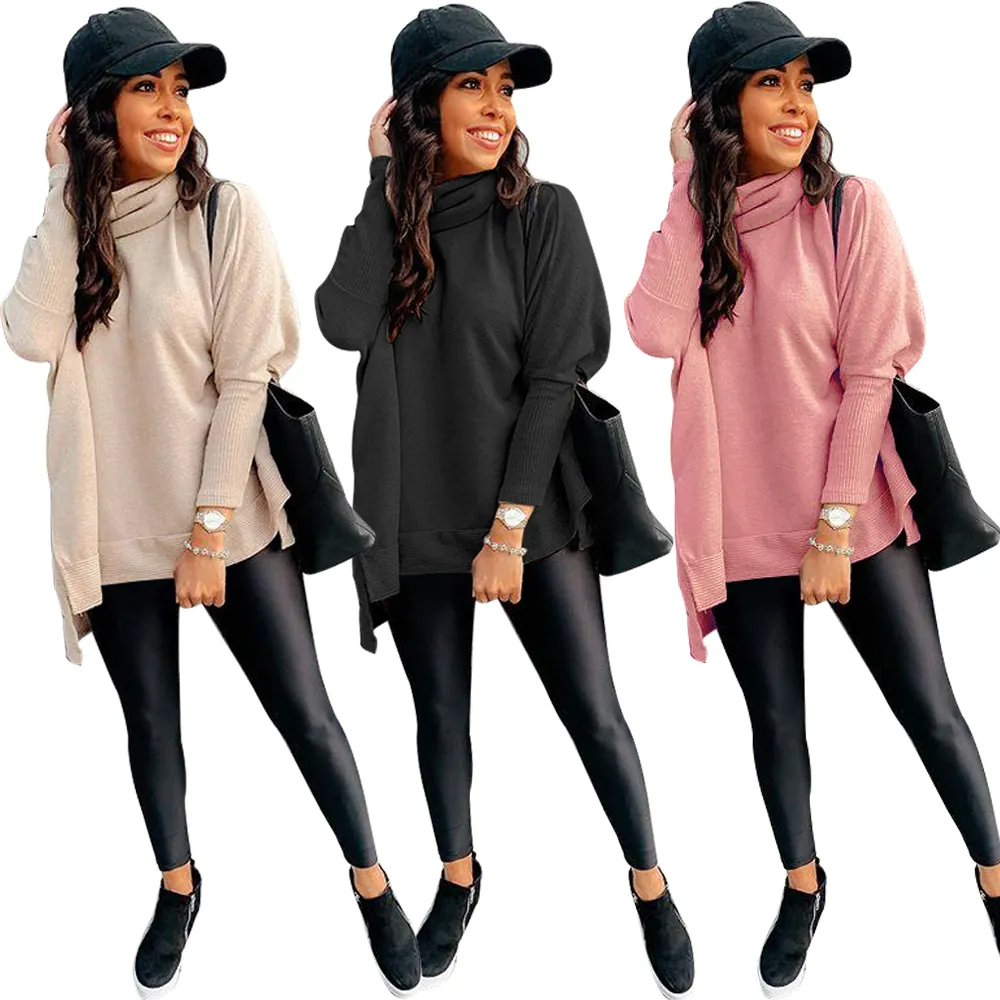 Casual Pullover Split Sweater Dress For women High Neck Top Loose Long Sleeve Sweater