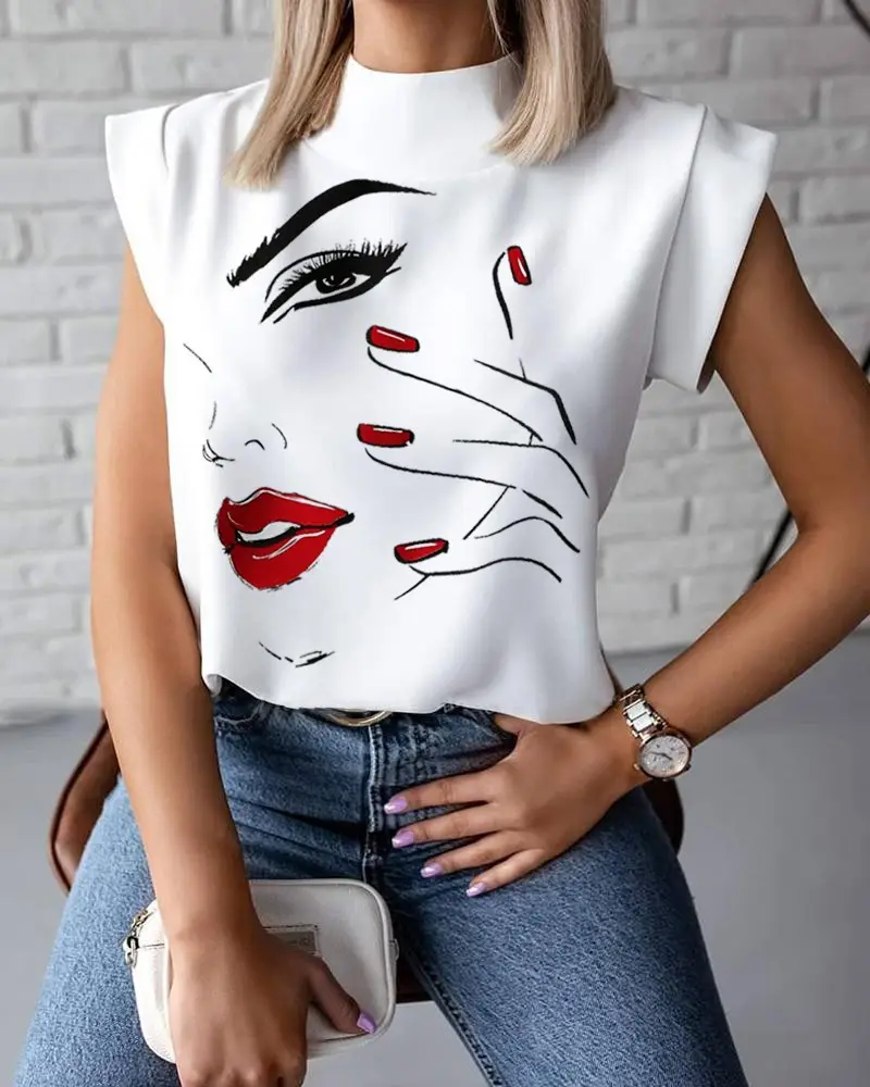 Women Elegant Lips Print Blouse Shirts Summer Casual Stand Neck Pullovers Tops Ladies Fashion Cute Eye Short Sleeve Blouse