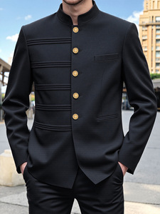 Blazer de <span class=keywords><strong>costume</strong></span> à col mandarin personnalisable en gros, avec détails à rayures horizontales et boutons métalliques dorés, <span class=keywords><strong>costume</strong></span> formel noir - Product Image 4