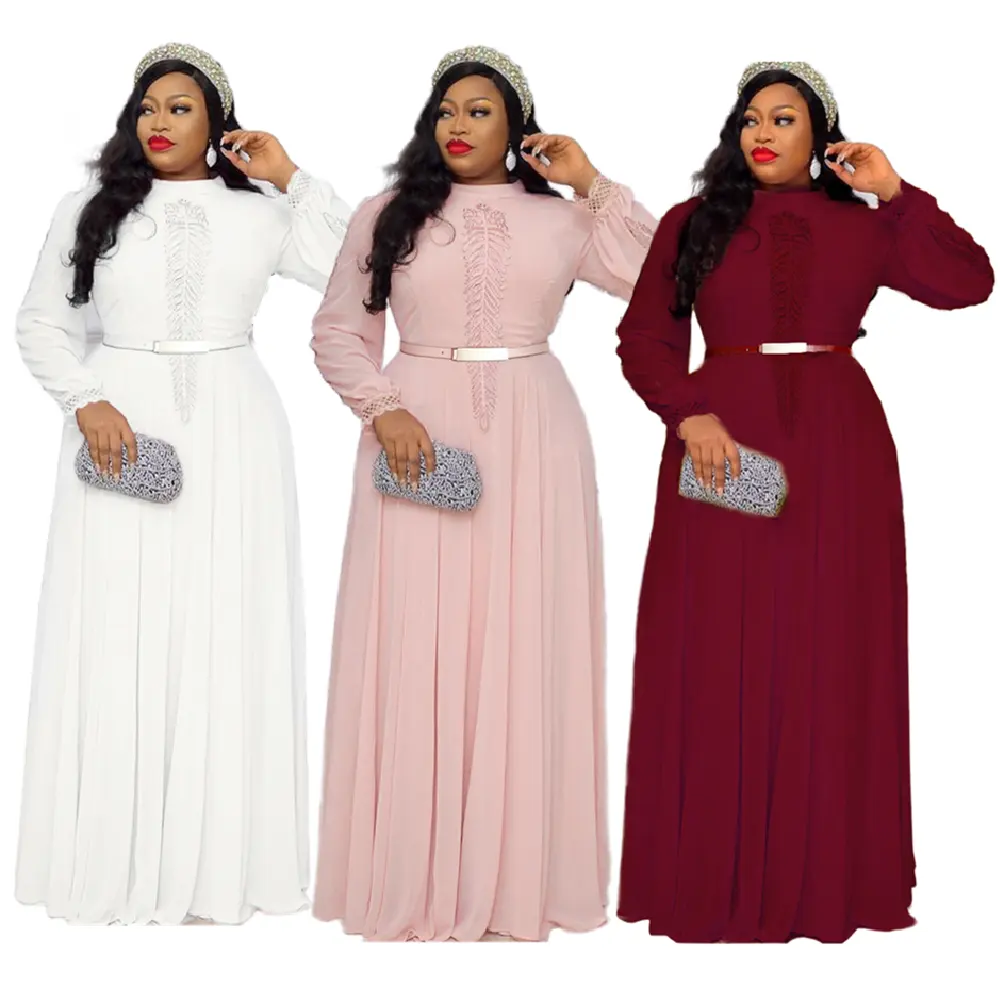 YQY390 Latest Design African Long Sleeve Chiffon Dresses Big Swing Maxi Dress Ladies Embroidery Dress With Belt