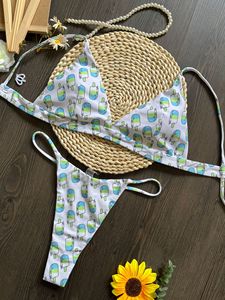 Women Cartoon Print Bikini Set Deep V Neck Triangle Top <b>Thong</b> Bottom Two Piece Swimwear Stretch Fabric - Product Image 5