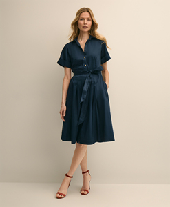 Robe chemise bleu marine pour femme, manches courtes, col rabattu, ceinture à nouer, robe midi avec poche, élégante, pour le bureau, pour les trajets quotidiens, pour femmes - Product Image 1