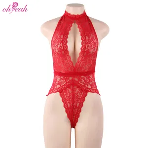 Open Bust Design Wholesale Price Floral Lace Teddy Lingerie High Quality Halter Plus Size Sexy Bodysuit Lingerie For Women