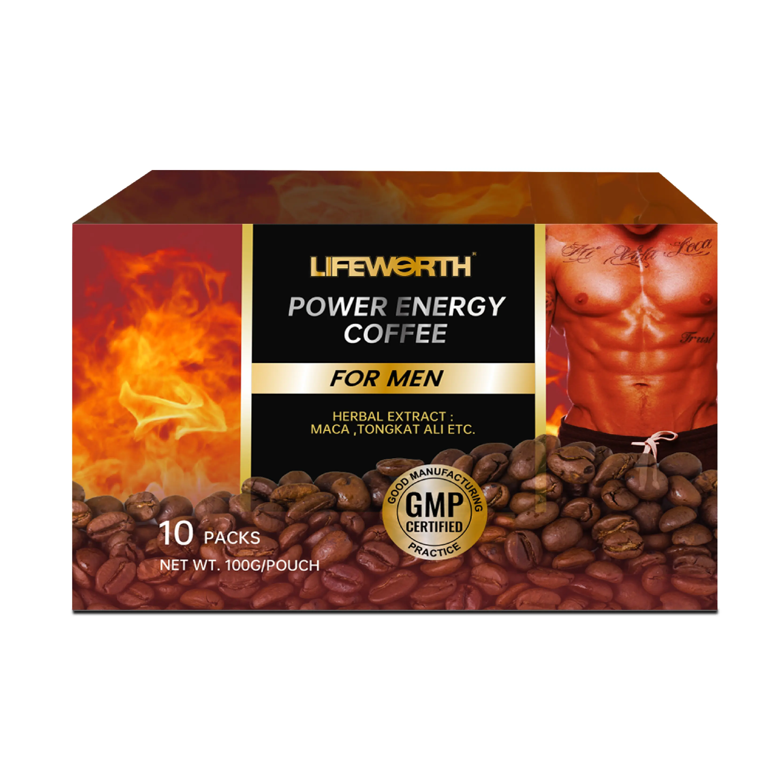 Lifeworth özel etiket Arabica çözünebilir kahve ile Tongkat Ali özü toz siyah Maca kahve güç enerji kahve