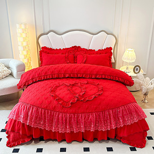 Customize Cheap 4pcs Duvet Cover Bedding Sheet <strong>Set</strong> for <strong>Wedding</strong> Quilted Cover <strong>Bedsheet</strong> for <strong>Bridal</strong> with Lace Bedspread king Size - Product Image 2