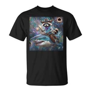 Camiseta con diseño de mapache montado en tiburón Rainbow Galaxy Meme, ajuste estándar unisex para adultos - Product Image 1