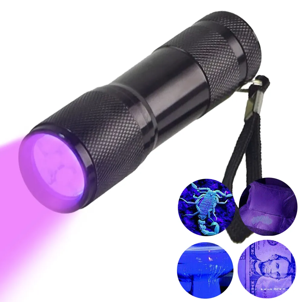 Currency Detector UV flashlight UV light 9LED Aluminum Pocke Ultraviolet Blacklight 395nm find scorpion Urine & Bodily