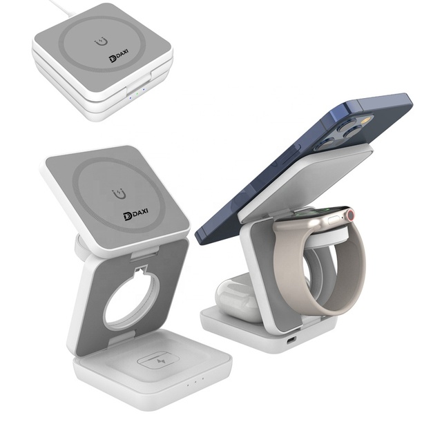Portable Foldable Multi-Functional 3 in 1 Magnetic Wireless Charger Dock 15W Fast Charging Stand for iPhone iWatch AirPods