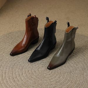 Bottines courtes vintage pour femmes, automne-hiver 2024, sexy, bout pointu, chaussures en cuir véritable, talons <span class=keywords><strong>mi</strong></span>-hauts confortables, bottines à la cheville pour <span class=keywords><strong>femme</strong></span>, noir, taille 48 - Product Image 5