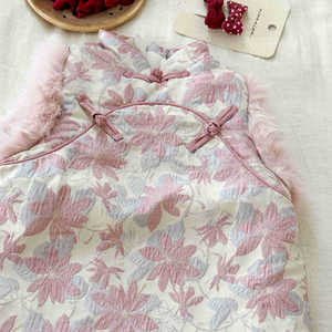 Tongxingyuan Fleece-lined Cheongsam Dress For Girls Pink Floral Winter New Year Outfit Thickening Cotton Hanfu Style - Product Image 2
