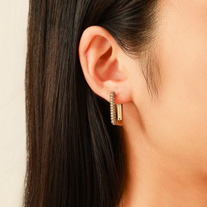 Gold Plated Square Hoop Earrings With Diamonds For Women Everyday Wear Geometric Design 18K Finish Stainless Steel Ear <b>Posts</b> - Product Image 2