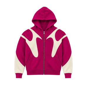 Magenta Contrast Panel <b>Zip</b> <b>Up</b> Hoodie <b>Men</b> Streetwear Full Zipper Long Sleeve Custom Casual <b>Fleece</b> Hooded Jacket With Pockets - Product Image 1